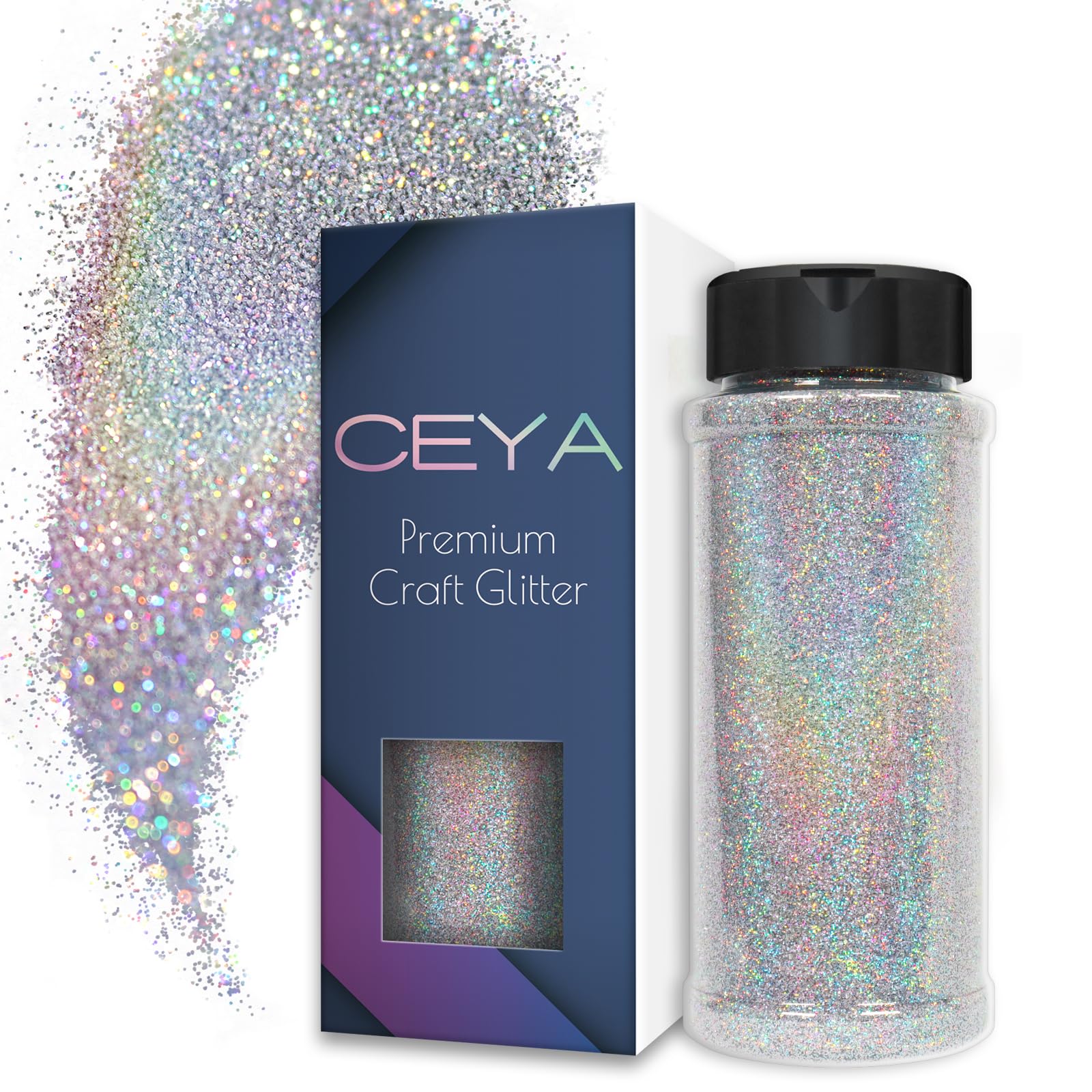 Ceya 3.5oz/ 100g Ultra Fine Glitter Powder Diamond Laser Silver Holographic Glitter 1/128” 0.008” 0.2mm for Slime Epoxy Resin Craft Tumbler Jewelry Nail Art Festival Makeup Painting Wedding Cards