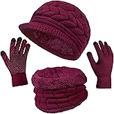 3-Pieces Winter Hat Gloves Scarf Set, Knit Warm Beanie Hat Neck Warmer Touch Screen Mittens for Women