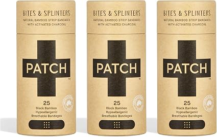 Amazon Com Patch Eco Friendly Bamboo Bandages For Bites Splinters Hypoallergenic Wound Care For Sensitive Skin Compostable Biodegradable Latex Free Plastic Free Zero Waste Activated Charcoal 25ct 3pack Health Personal Care