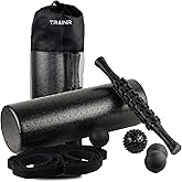 Trainr 7-Piece Massage Roller Kit with Carrying Bag Trnr-MRK-BLK, Exercise Equipment for Physical Relief, Workout Equipment Includes Foam Roller, Stretching Strap, Spike Ball, Peanut Ball, and More