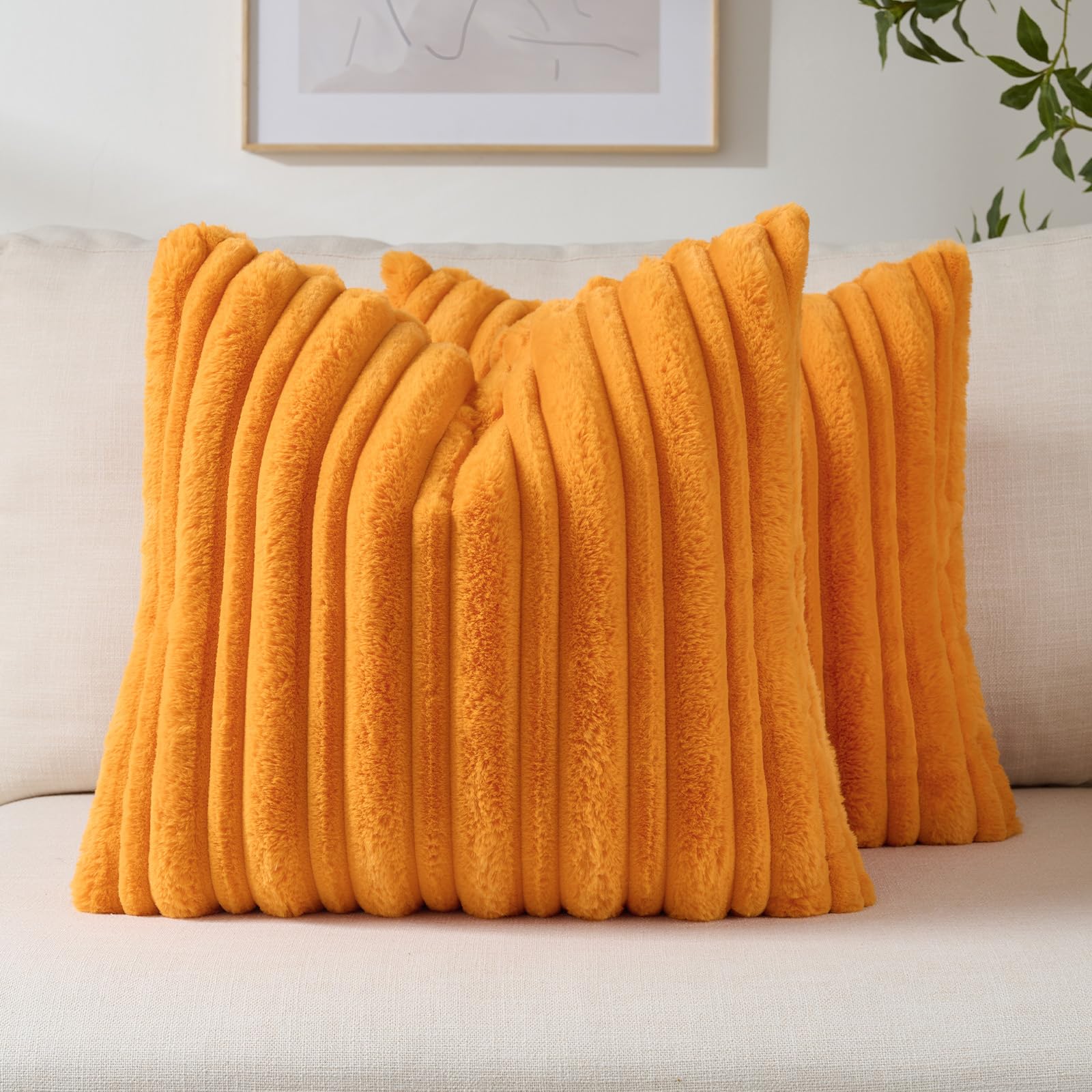 Photo 1 of FUTEI Orange Decorative Throw Pillow Covers 24x24 Inch Set of 2,Soft Fluffy Faux Rabbit Fur Thick & Thin Striped Textured European Cushion Case,Modern Home Decor for Couch Bed Living Room