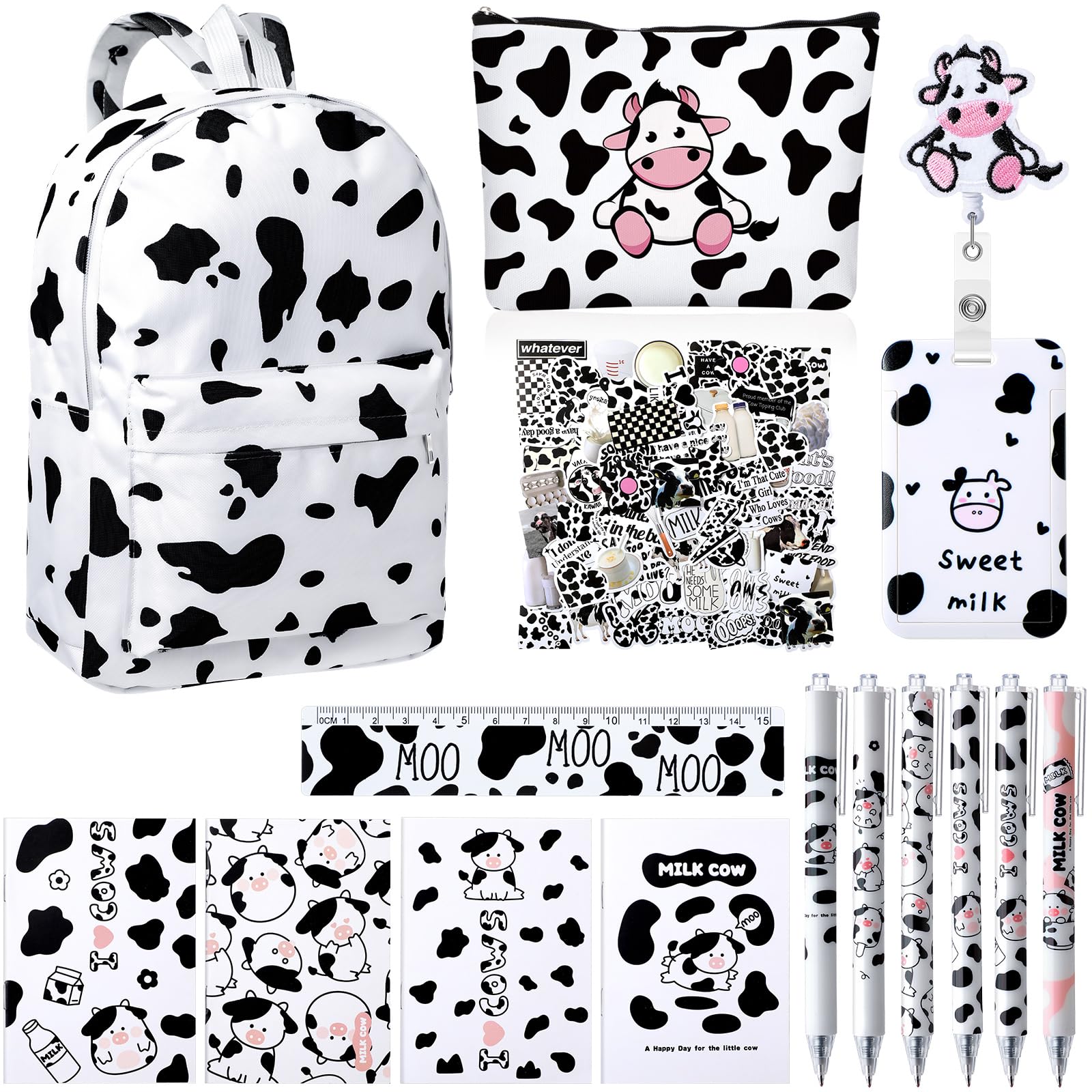 Photo 1 of Hillban 20 Pcs Cute Cow Supplies Set, Includes Cow Print Girls Backpack Pencil Bag 6 Cow Ballpoint Pen 8 Notebooks 1 Set Stickers Ruler Badge Holder Case and Reel Clip School Gift