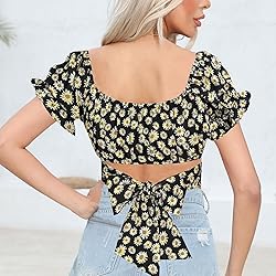 COOUFE Women's Crop Tops Ruffle Short Sleeve Tie