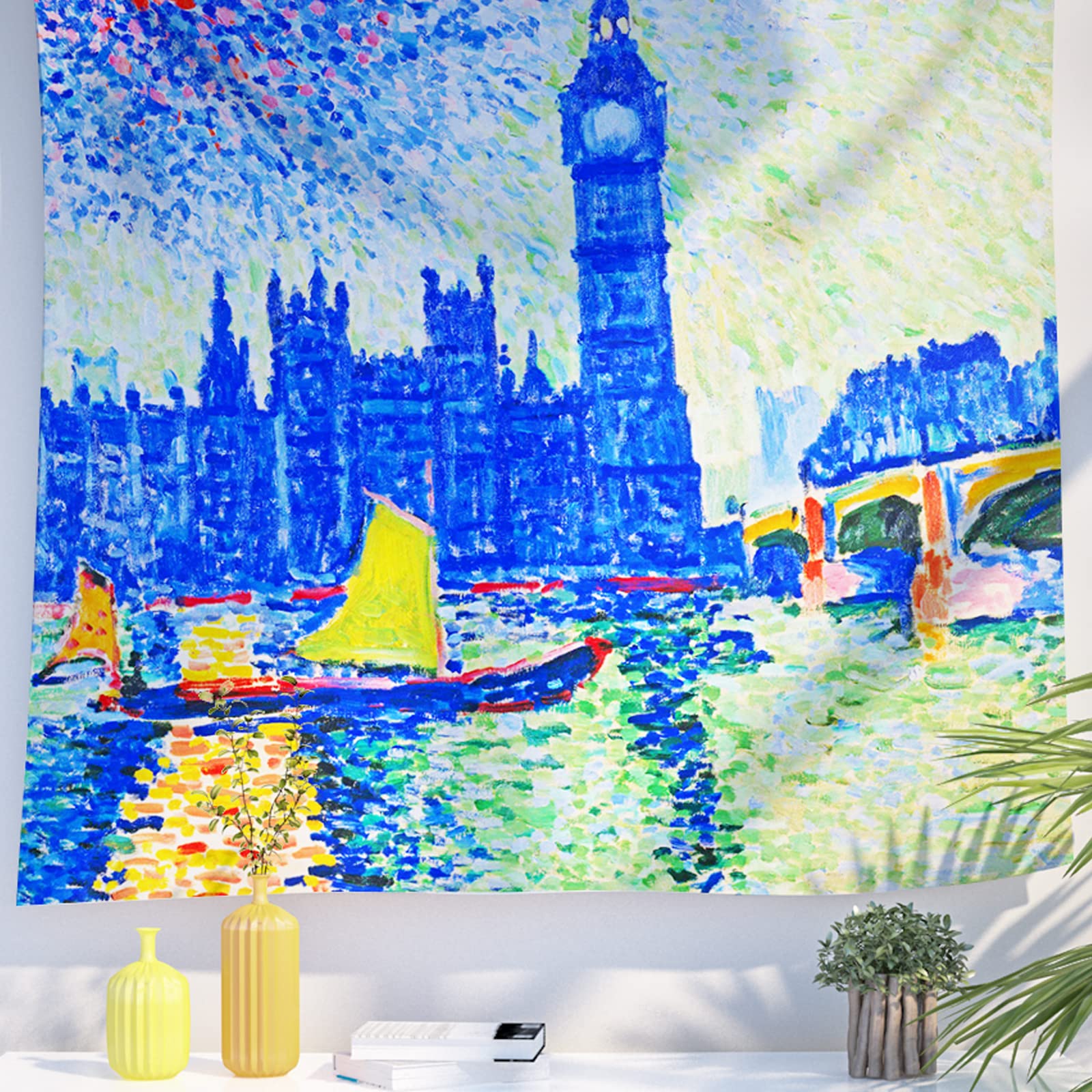 Berkin Arts Art Decor Tapestry with Landscape Design Wall Hanging Aesthetic Backdrop lue Building Sun Lake for Bedroom 59.1 x 78.7 Inch (Big Ben by Andre Derain)