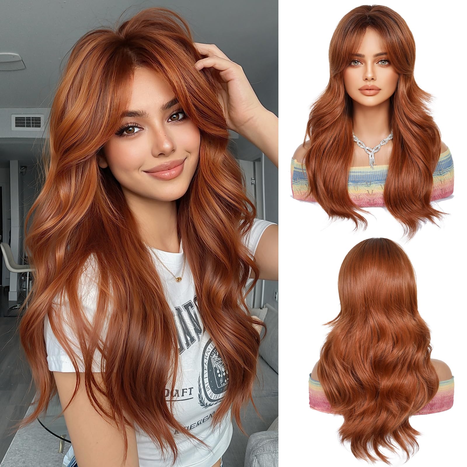 OUFEI Long Ombre Auburn Wig With Curtain Bangs Natural Wavy Wigs for Women Natural Synthetic Hair Heat Resistant Wigs for Daily Party Cosplay Wear