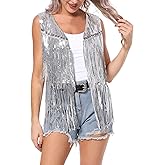 FEOYA Sequin Fringe Vest Jackets for Women Sparkly Shiny Glitter Tops Cowgirl Disco Shirt Tassel Cardigan Western Outfit