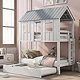 Merax Twin Over Twin House Bunk Beds with Trundle, Wood Bed Frames with Two Front Windows and Roof for Toddlers/Boys/Girls, White