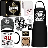 40th Birthday Gifts for Men Coffee Mug Set, 40th Birthday Party Supplies, Turning 40 Gift with 11 Oz Ceramic Cup Baseball Cap Apron Sock Bracelet Toilet Paper Keychain for Him, Dad, Husband, Friends