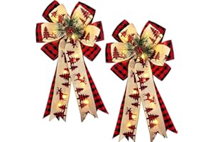 TURNMEON 2Pcs Prelit Christmas Bows Decorations with 20 Light, 20" x 11" Large Xmas Tree Elk Black Red Buffalo Plaid Xmas Bows for Christmas Tree Wreath Garland Lighted Bows Christmas Decor Home Indoor Outdoor