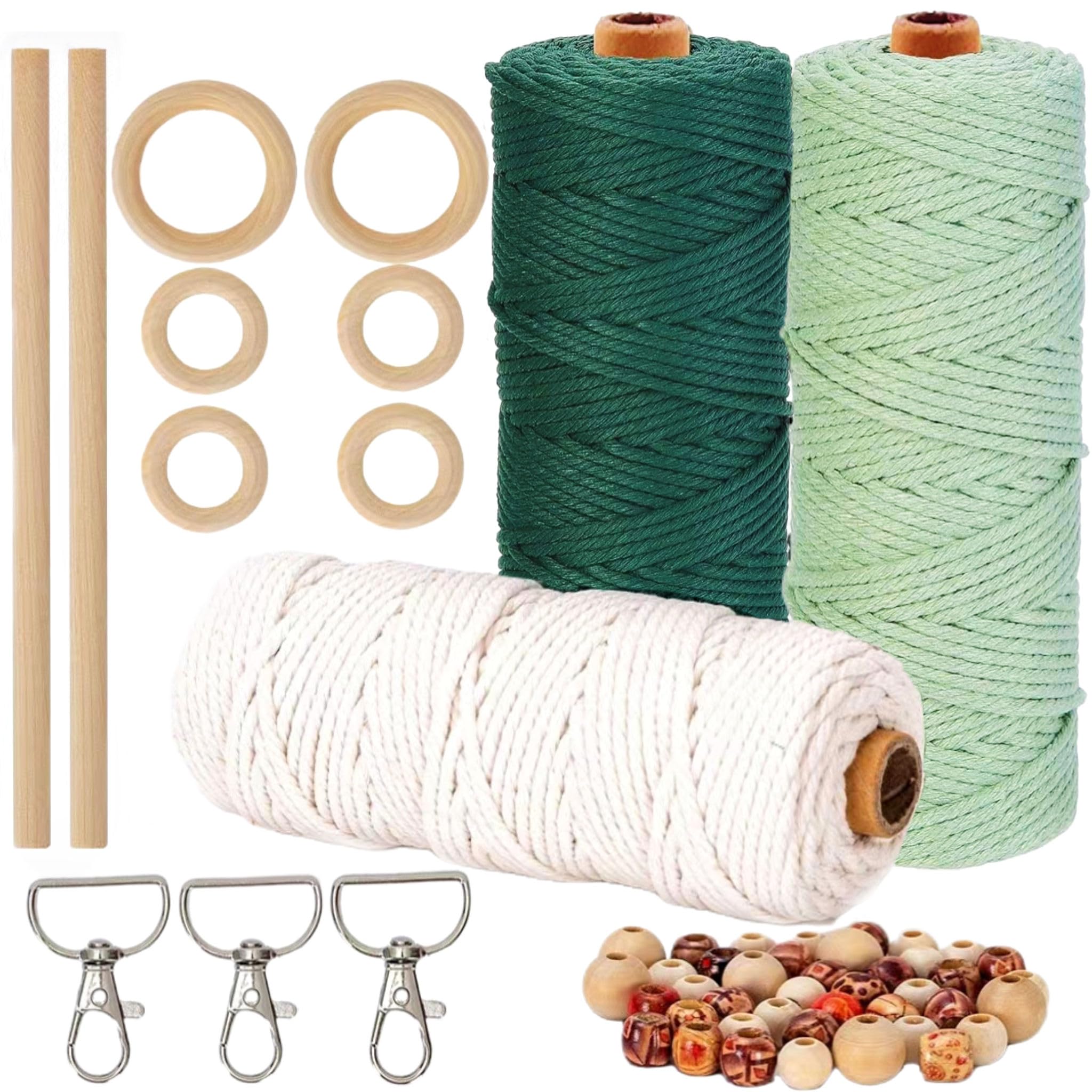 HanCheng 3 Pieces 60 m Macrame Yarn 3 mm Colourful, Macrame Yarn Set Colourful with 40 Wooden Beads, 6 Wooden Rings, 2 Wooden Sticks, 3 Keyrings (Beige, Dark Green, Light Green), Macrame Kit Green — image 1