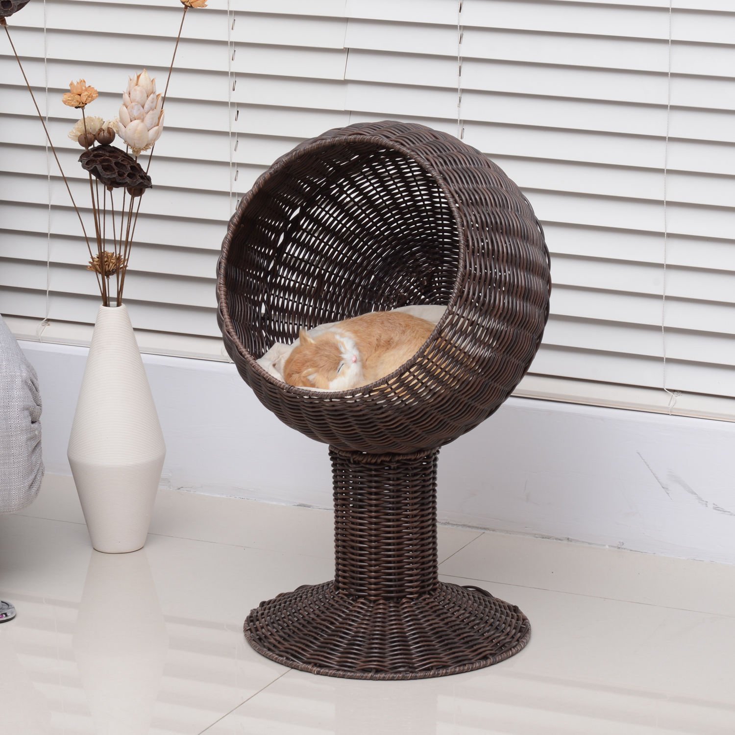 PawHut Rattan Wicker Elevated Cat Bed Basket Condo with Cushions The