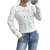 BEAUDRM Women's Y2k Star Print Crochet Knit Crewneck Sweater Hollow Out Long Sleeve Pullover Knit Top