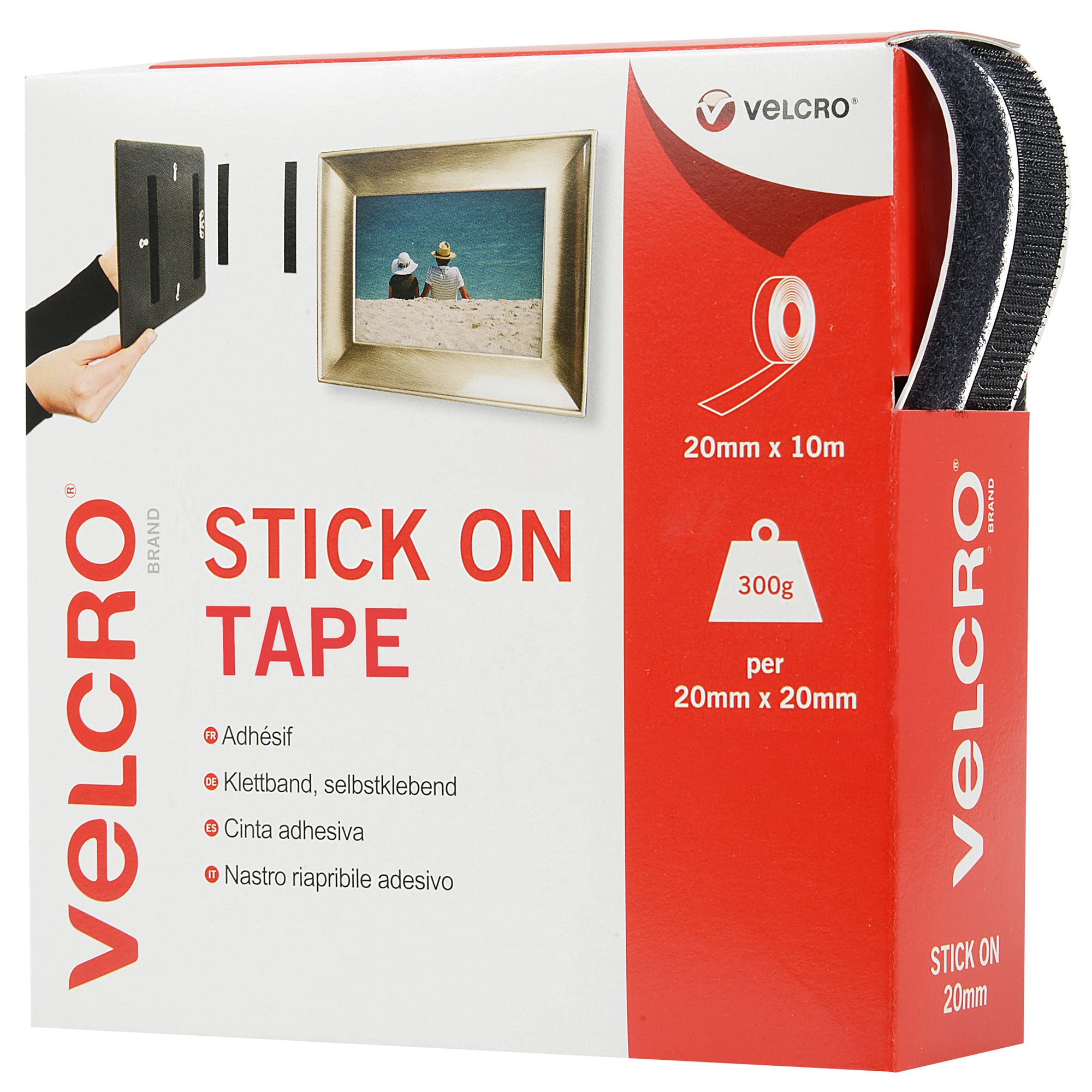 VELCRO Brand, Stick On Tape Cut-to-Length, Strong Hook & Loop Self Adhesive Sticky Tape, Perfect for Room Décor & Home, Office, Garage Use, Black, 20mm x 10m