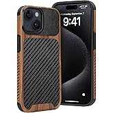 Dolstrap Rugged Case Compatible with iPhone 15 Case, (Natural Wood & Leather & Carbon Fiber Hybrid) Slim Phone Cover, Black