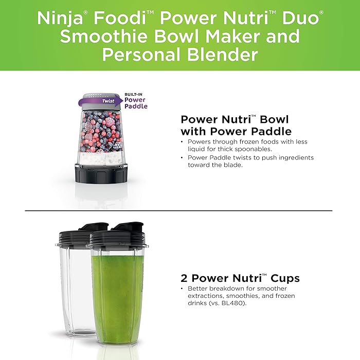 Image 9 - Ninja SS101 Foodi Power Nutri Duo Smoothie Bowl Maker and Personal Blender 1200WP smartTORQUE 4 Auto-iQ Presets One base, multi-functions, Silver Stainless Finish