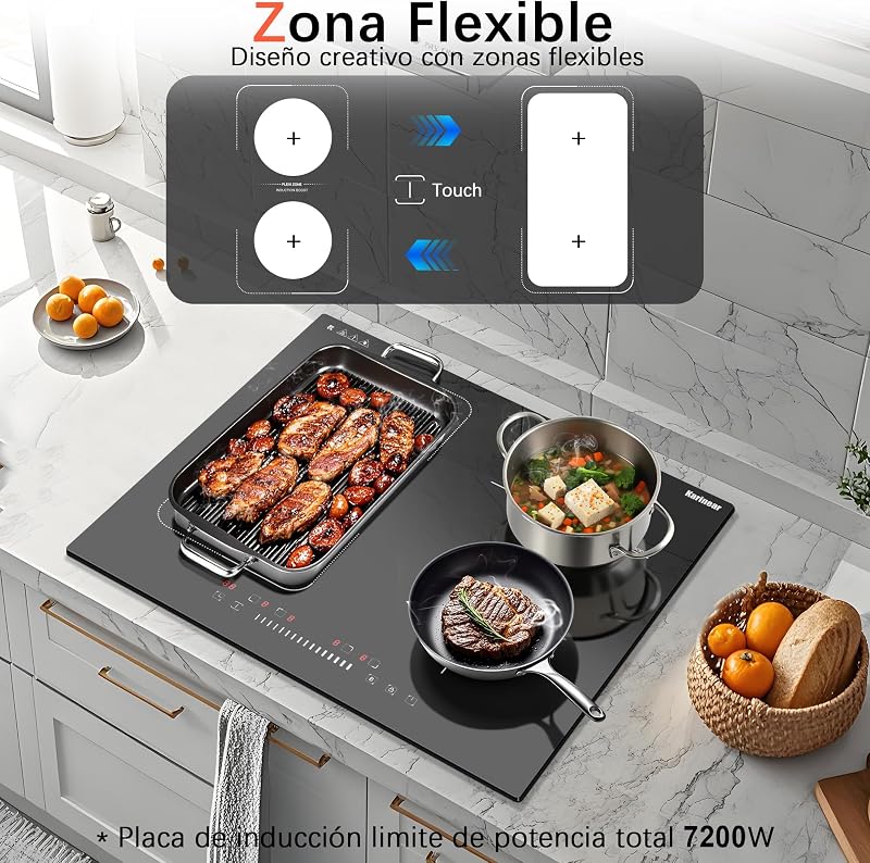 Placa Induccion 4 Fuegos con Zona Flexible, Empotrable 60CM, 7200W