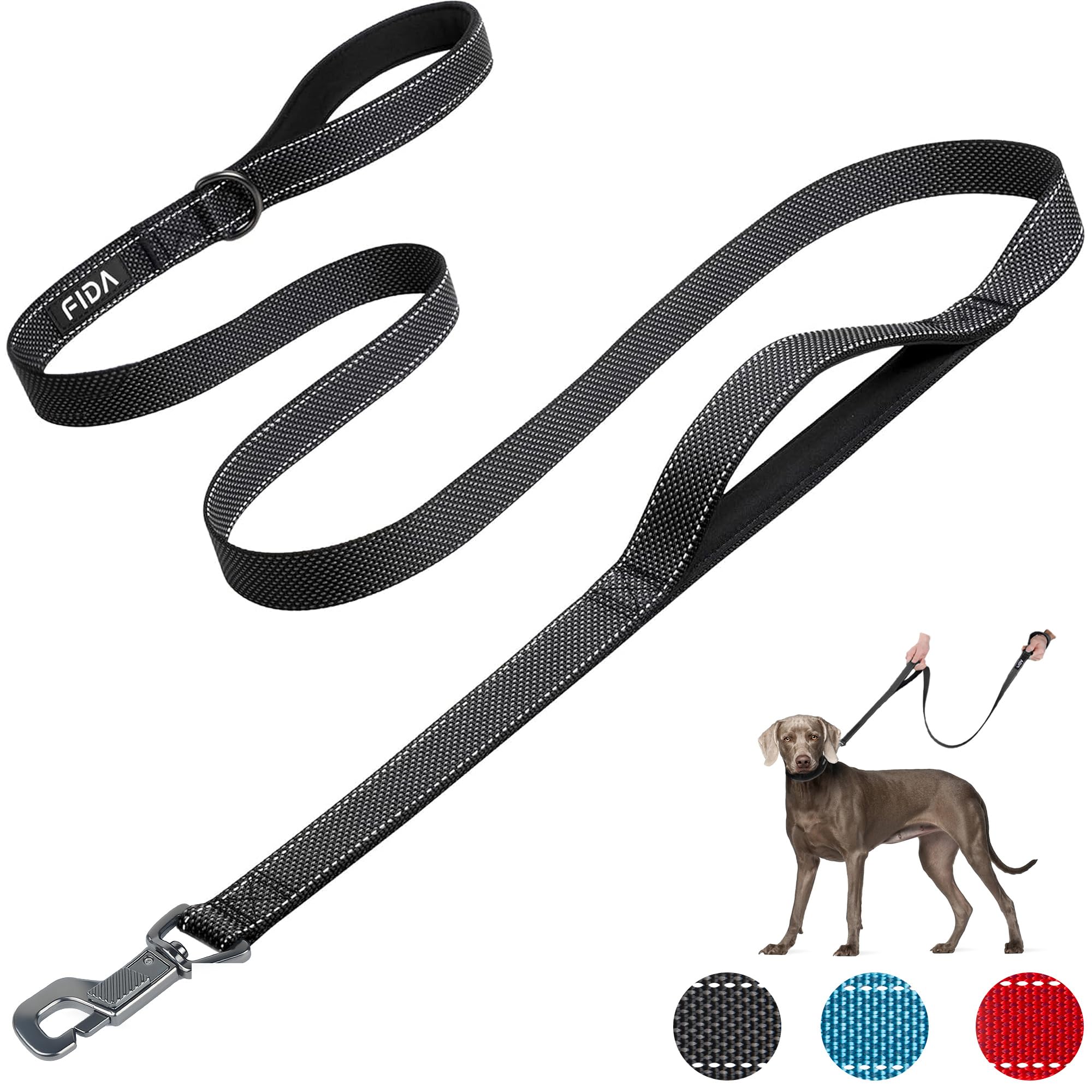 Fida Heavy Duty Dog Leads for Medium/Large Dogs, 1.8M / 6FT Traffic Handle & Advanced Hook for More Control, Reflective Dog Lead for Daily Walking & Training (Black)