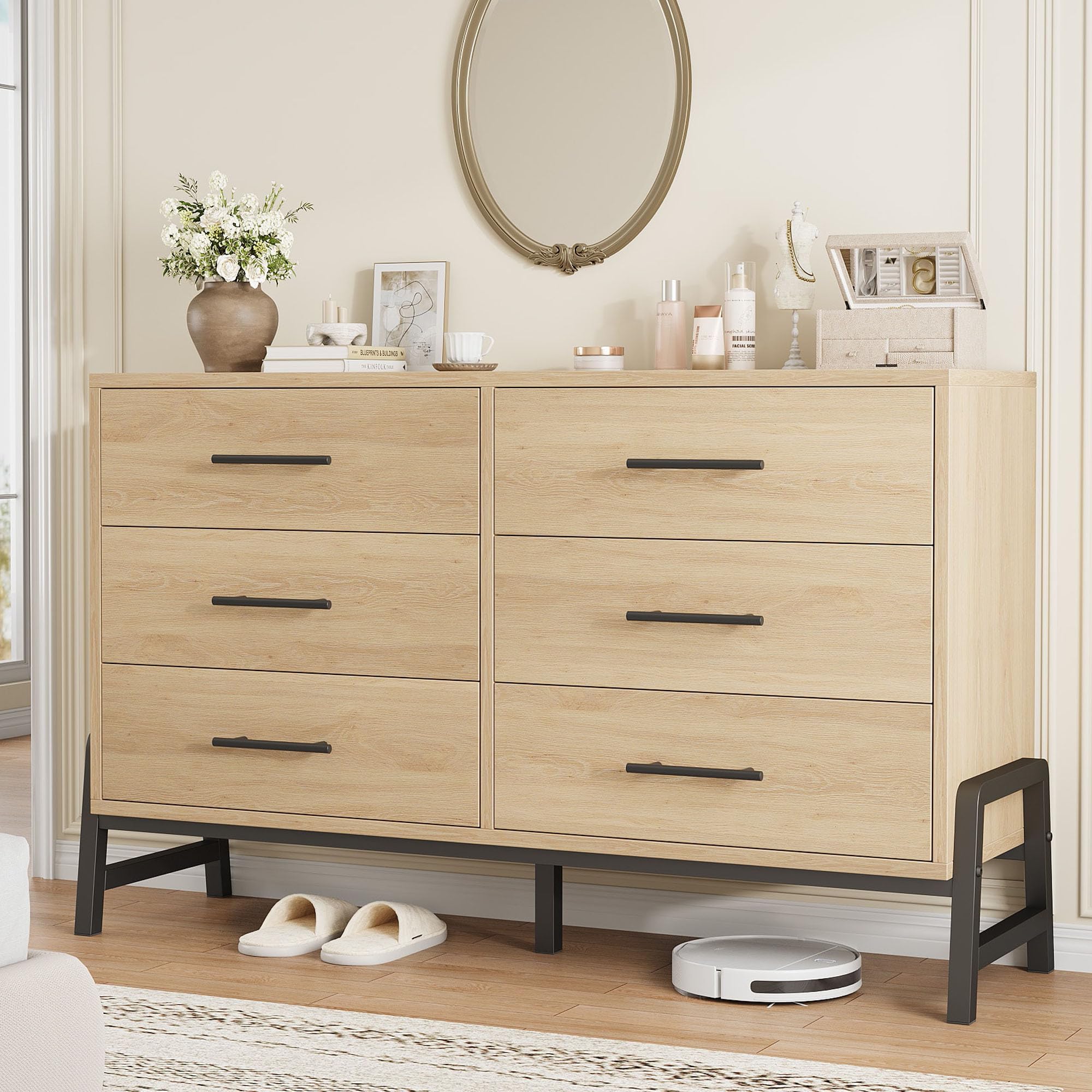 Photo 1 of **THERES CRACKS IN THE WOOD, SEE PICTURES** GarveeHome 6 Dresser for Bedroom, 52" Wide Drawer with Large Storage Space, Freestanding Wooden Closet Storage Dresser Chest for Living Room, Bedroom, Entryway, Natural Oak