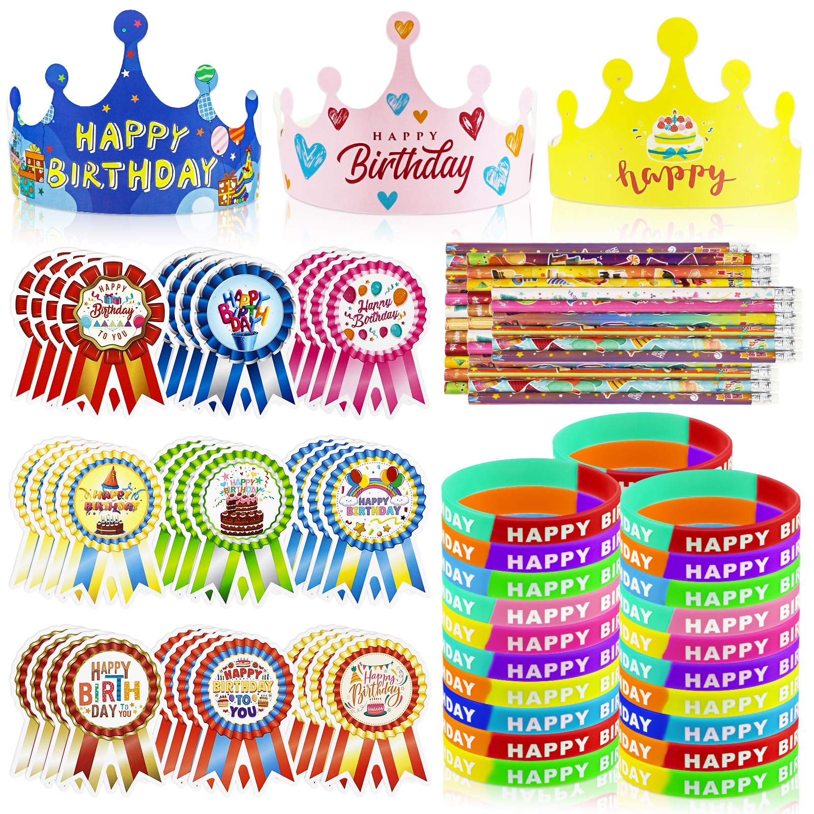 Photo 1 of 126 PCS Classroom Happy Birthday Kits for Kids, Include Adjustable Birthday Crowns, Multicolor Silicone Bracelets, Pencils & Badge Stickers, Reward Students School Party Favors Teacher Supplies