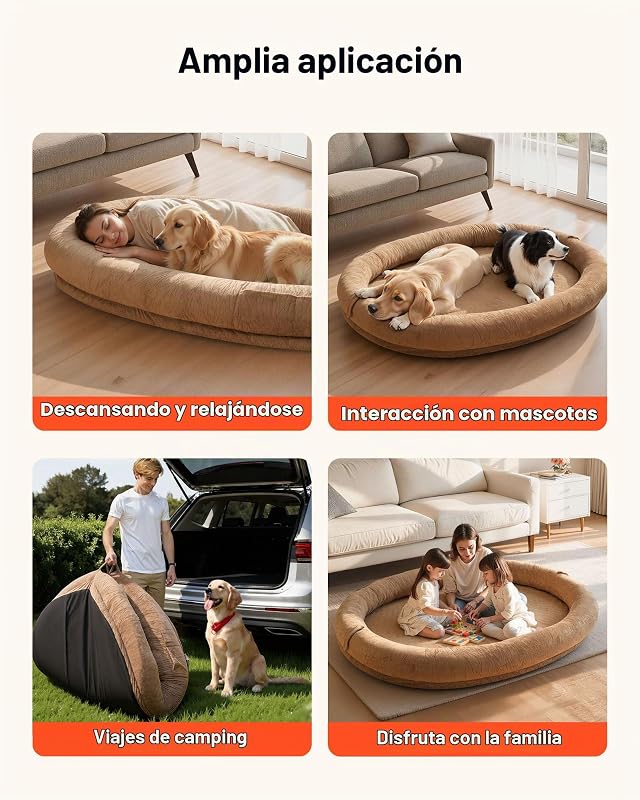 Cama para Perros de Diseño Ovalado, Tamaño Humano, 177 x 123 x 24 cm, Ortopédica, de Espuma Viscoelástica, con Bolsillo Lateral, Asa y Cremallera, Funda Extraíble y Lavable a Máquina, Marrón