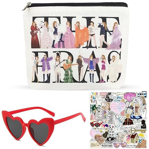 Personalised Makeup Bag, 52 PCS TS Cosmetic Bag Including 1 Makeup Bag 1 Heart Sunglasses and 50PCS Stickers, Fan Girls Make Up Bag Music Album Name Makeup Bag, Small Makeup for Music Lover