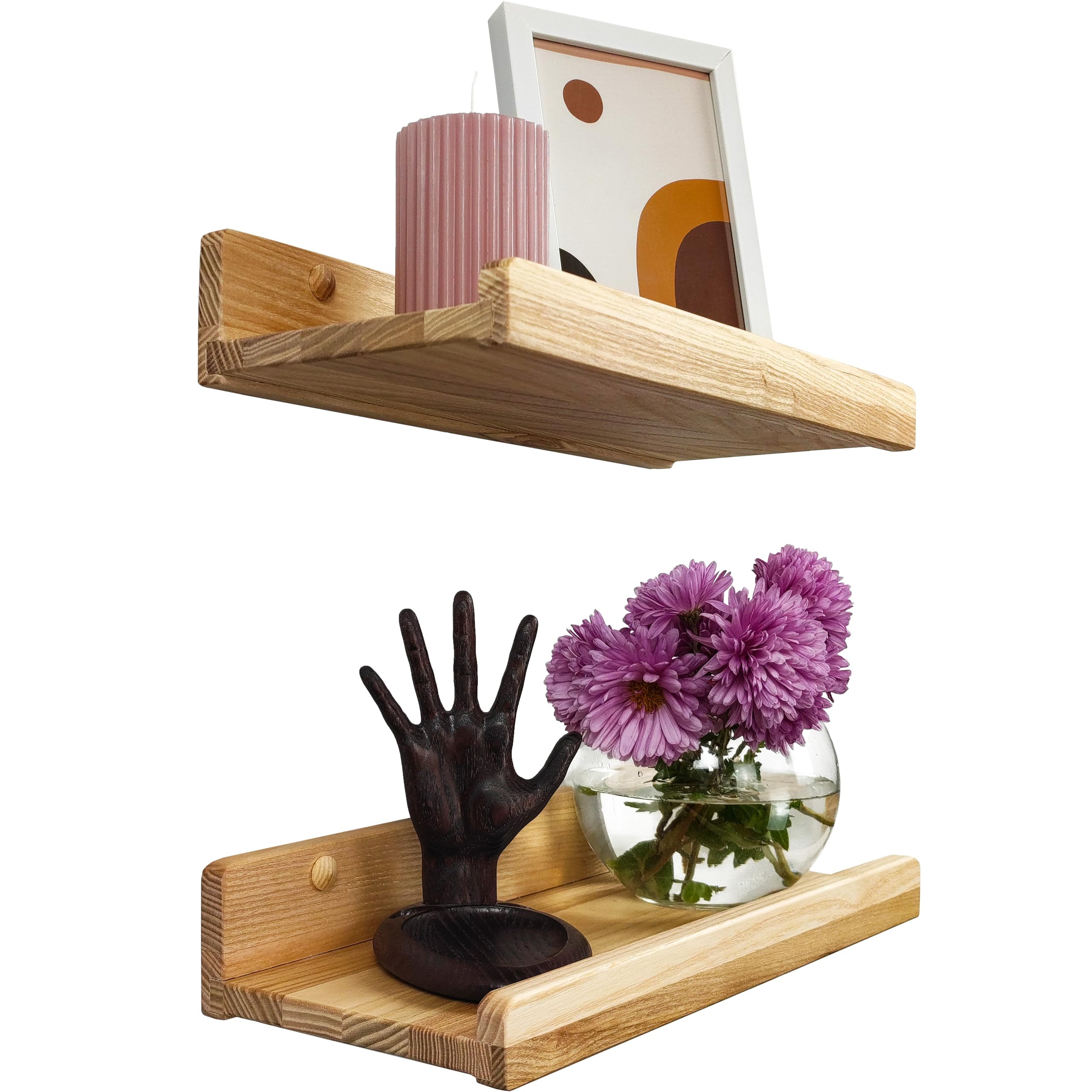 Handcrafted Floating Shelves for Wall 30cm, Waterproof Wall Storage Shelves with Lip, Display Picture Ledge Shelf for Living Room Photo Frame, Natural Wood Hanging Book Shelves (Natural, Set 2) โ image 1