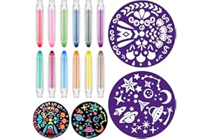 Qeeenar 14 Pcs Mandala Stencils Outdoor Sidewalk and Chalk Set 20 Inches Diam Includes 2 Stencils 12 Chalks and Chalk Holders(Stars and Geometry)