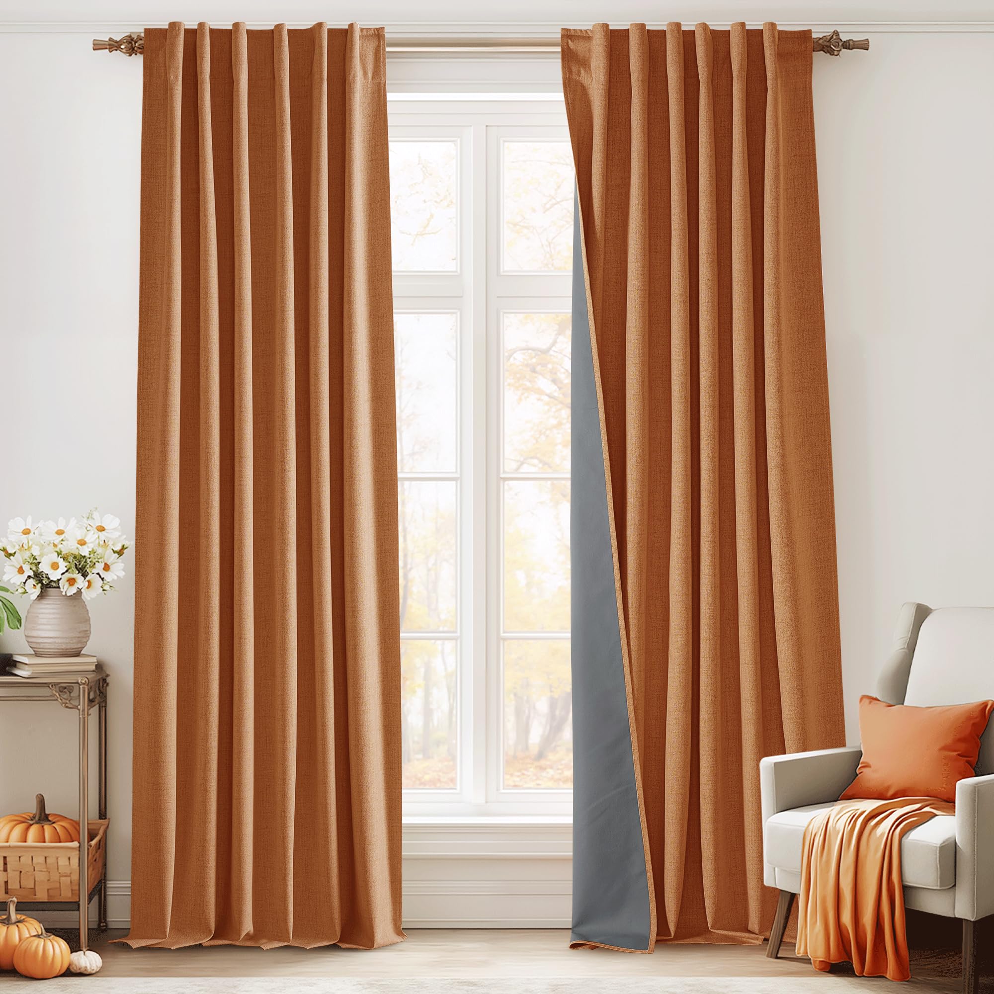 RYB HOME Burnt Orange Total Blackout Curtains Linen Texture, Fall Curtains for Bedroom/Living Room/Office, Thermal Insulated Boho Farhmouse Home Decor, Luxury Privacy Drapes, W52xL96, 2 Panels Image