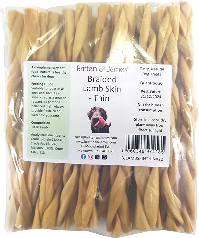 Britten and James 20 Thin Braided Lamb Headskin Sticks for Dogs 280g