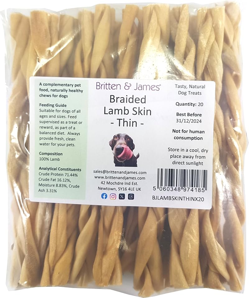 Britten and James 20 Thin Braided Lamb Headskin Sticks for Dogs 280g