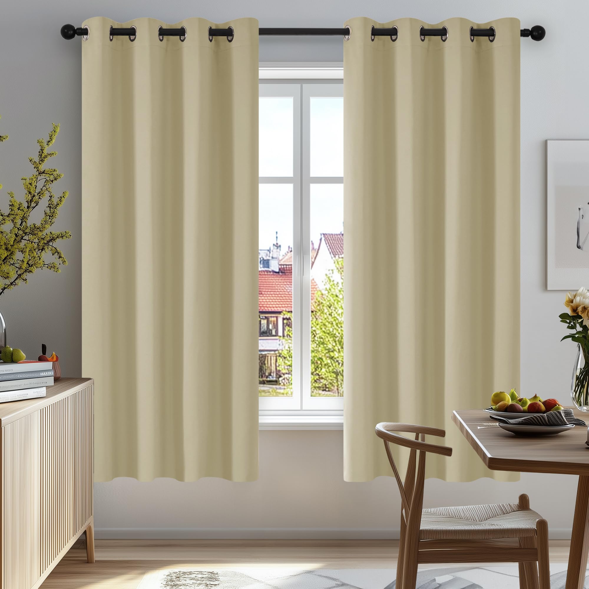 Deconovo Room Darkening Curtains Beige Super Soft Window Treatment Thermal Insulated Eyelet Curtains for Kitchen 46 x 54 Inch 2 Panels