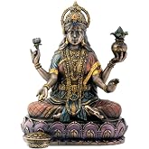 Bronze Hindu Goddess Lakshmi On Lotus Hinduism Display Statue