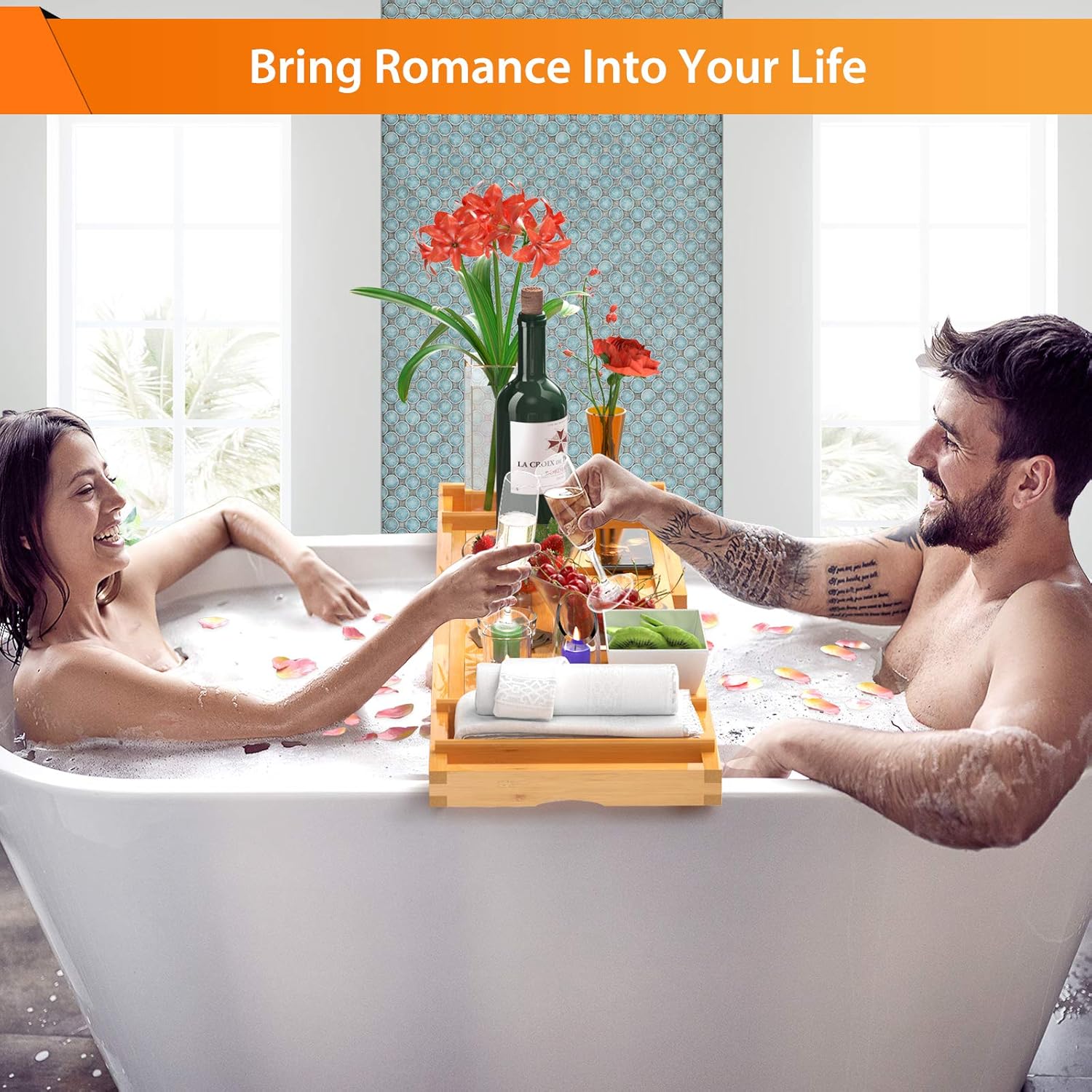 Bamboo Expandable Bathtub Caddy Tray for Bath Tub Wooden Adjustable for Luxury and Relaxing with Wine Glass Holder, Reading Slot by FURNINXS: Kitchen & Dining
