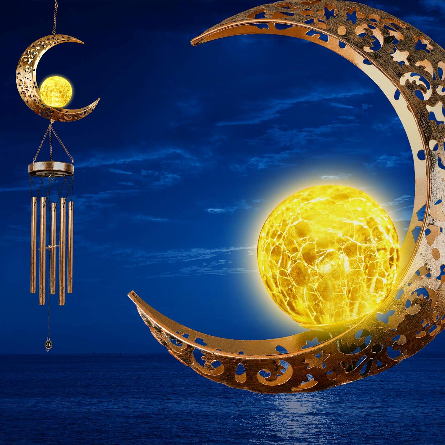 DesGully Wind Chimes, Moon Crackle Glass Ball Solar Wind Chimes with Amazing Deep Tone Outside Garden Decor for Spiritual Gifts, Unique Hanging Decor for Mom Women Grandma(41" Heavy-Duty Metal Chimes) : Garden & Outdoor