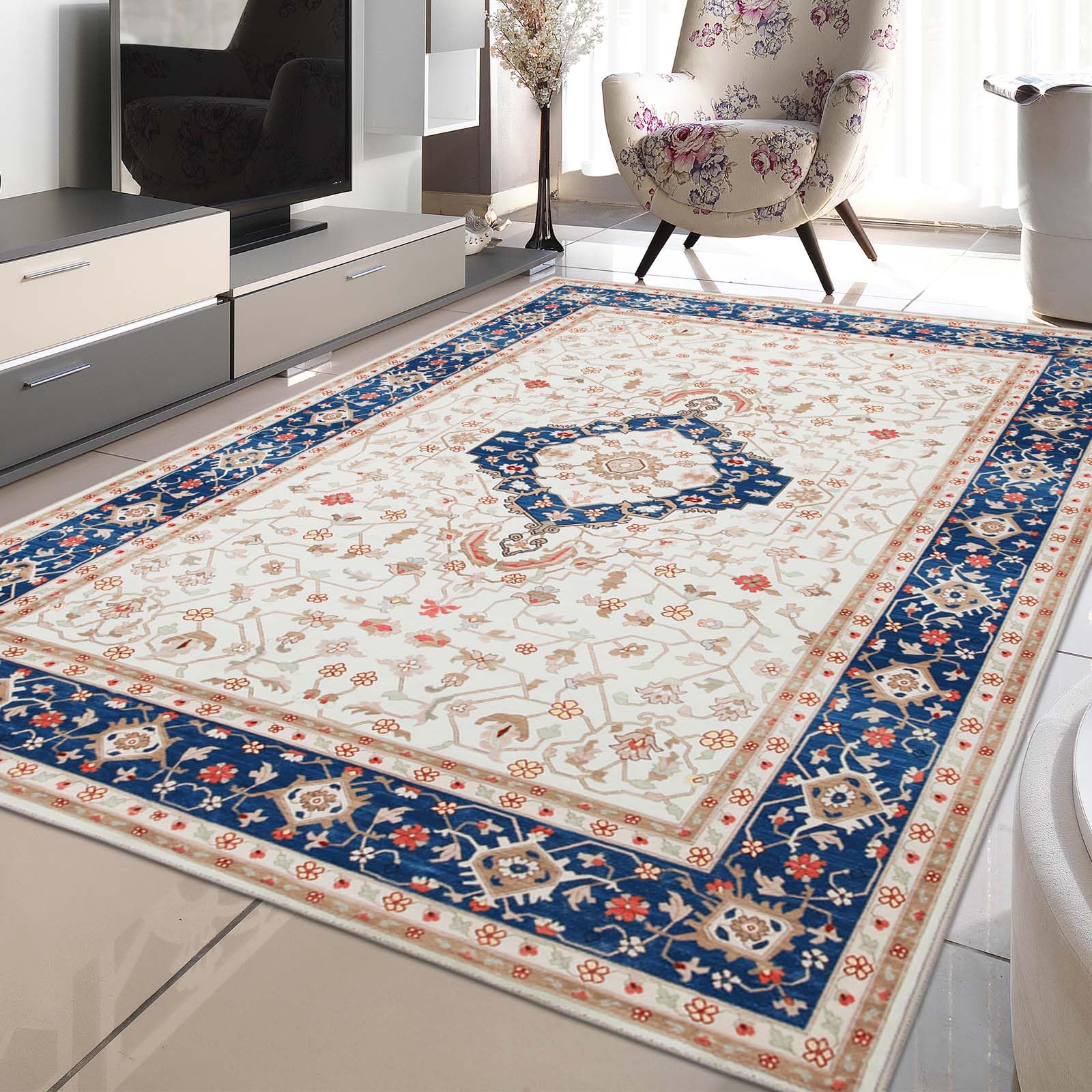Betadistor Large rug - Vintage Area Rugs for Living Room, Hallway, Kitchen, Traditional Multicoloured 120x160 cm, Blue and Beige, 301-05120