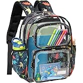 Bagseri Clear Backpack for Boys - 15 Inch Heavy Duty Kids Clear Bookbag for Kindergarten to Grade 2, Transparent School Bag with Reflective Strip, Fits Folders, Black Dinosaur