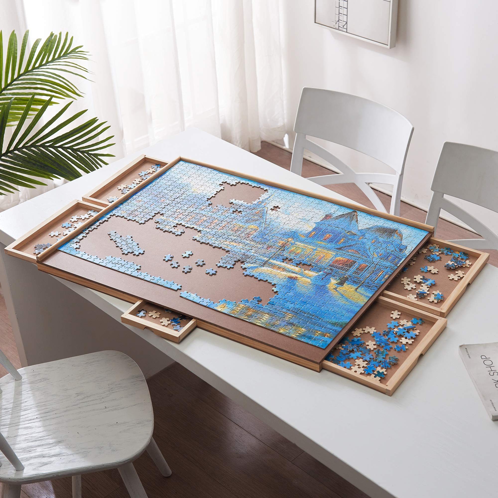 Sfozstra 1000 Pieces Upgraded Wooden Puzzle Table, Jigsaw Puzzle Table, Puzzle Plateau-Smooth Fiberboard Work Surface, with Five Drawers, Puzzle Accessories for 1000 Pcs