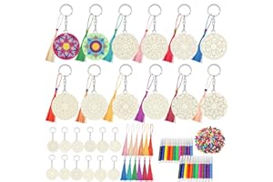 Cinrobiye 24 Set Mandala Wooden Blank Keychains Coloring Set Bulk Mandala Flower DIY Key Chains Color Your Own Mandala Key Ri