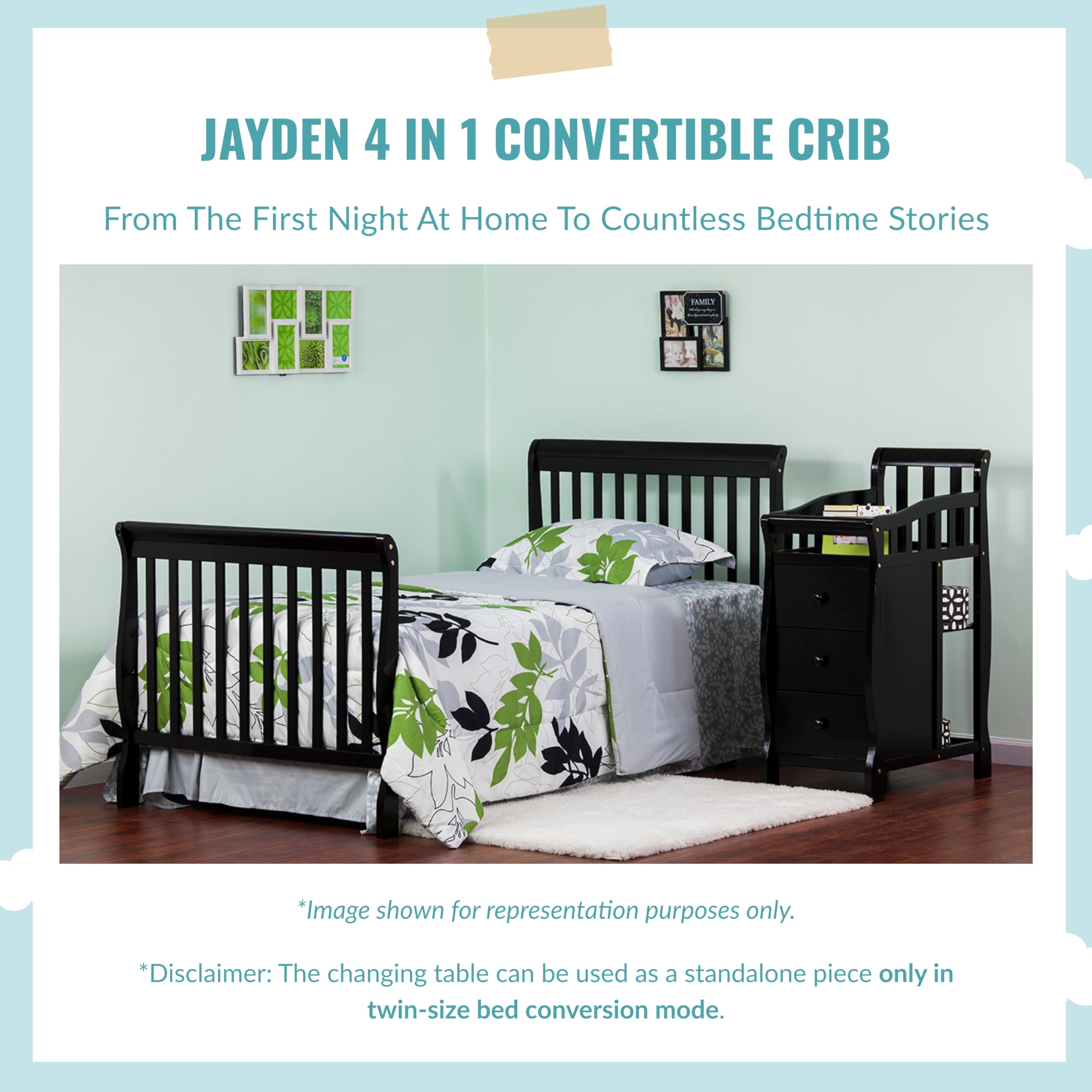 Dream On Me Jayden 4‑in‑1 Mini Convertible Baby Crib & Changer with Storage in White, Pinewood, GreenGuard Gold & JPMA, 1” Mattress Pad, 3 Mattress Heights, Converts to Mini Day & Twin-Size Bed