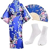 Heone Kimono Satin Peacock Printed Lightweight Cardigan Jacket Coat Yukata Cloak Bathrobe Tops folding Fans Tabi Socks Set