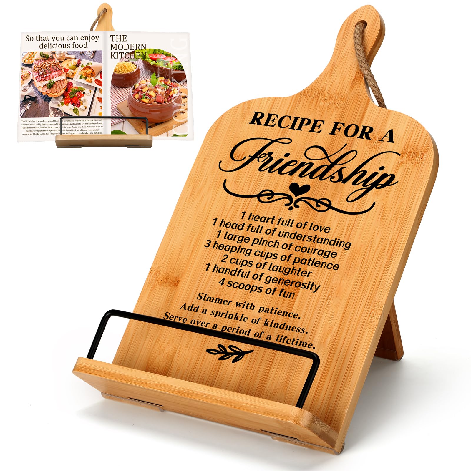 Photo 1 of Menkxi Friendship Cooking Gifts Wedding Cookbook Stand BFF Gift Bestie Birthday Hostess Present for Women Bamboo Cookbook Stand Recipe Book Holder Inspirational Kitchen Present for Women