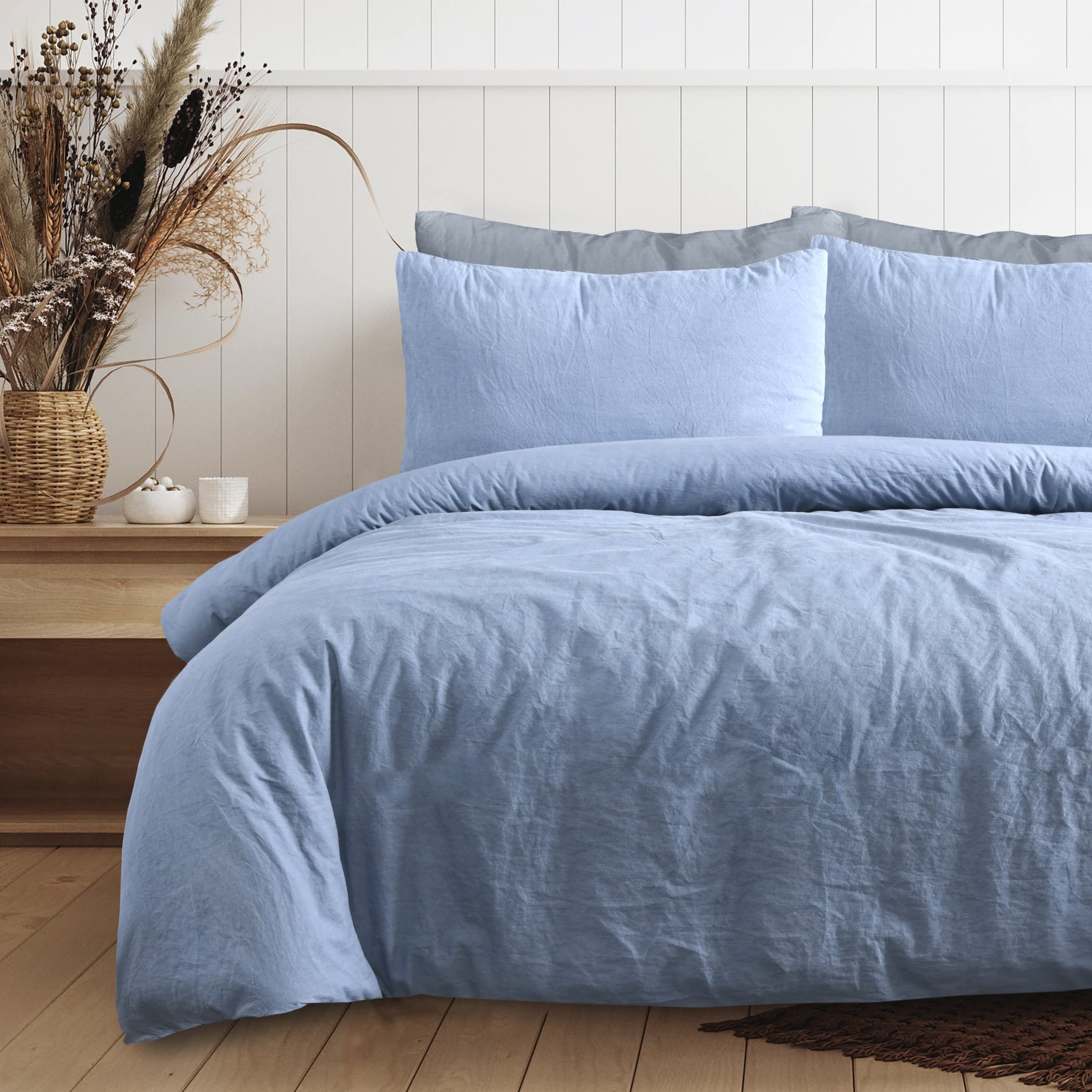 Sleepdown 100% Pure Cotton Plain Dye Denim Blue Duvet Cover Quilt Pillow Cases Bedding Set Soft Easy Care - Double (200cm x 200cm)