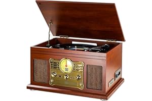 KEDOK 3-Speed Bluetooth Turntable with Stereo Speakers, CD/Cassette Player, FM Radio and Wireless Music Streaming - Mahogany