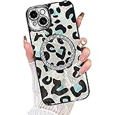 Fiyart Designed for iPhone 14 Plus Case,Compatible with MagSafe Plating Diamond Camera Protection Epoxy Cheetah Leopard Print Glitter Magnetic for Women Men Shockproof Phone Bumper 6.7"-Black