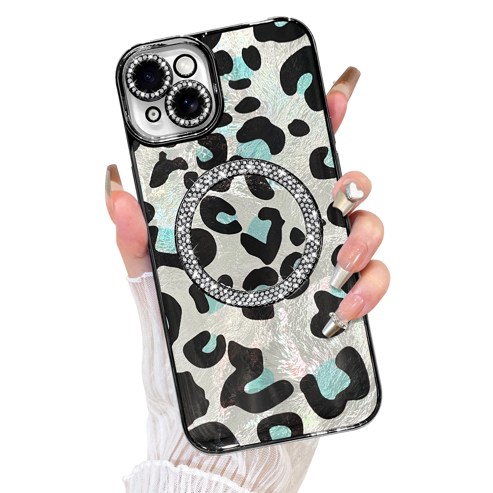 Fiyart Designed for iPhone 14 Plus Case,Compatible with MagSafe Plating Diamond Camera Protection Epoxy Cheetah Leopard Print Glitter Magnetic for Women Men Shockproof Phone Bumper 6.7"-Black