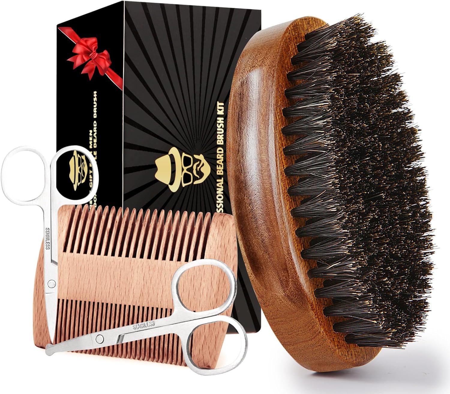 Boar Bristle Beard Brush for Men, Beards and Mustaches Grooming Set Including 100% Pure Boar Bristle Beard Brush, Beard Comb, 2 Pcs Mustache Scissors, and Travel Bag from Sofmild