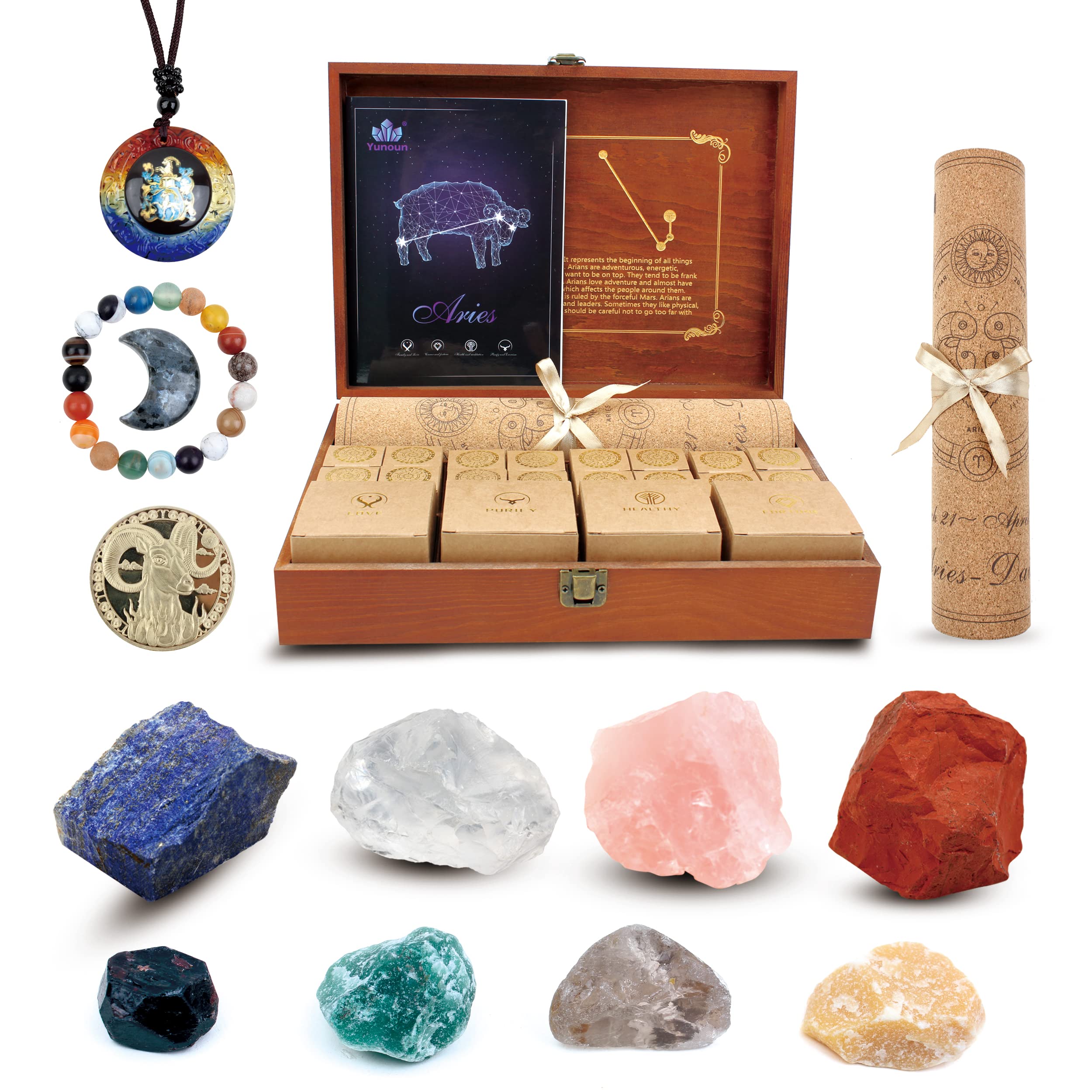Yunoun Healing Stones and Crystals Set - Aquarius Zodiac Stones - Astrology Healing Crystal Horoscope Gift (Aries)