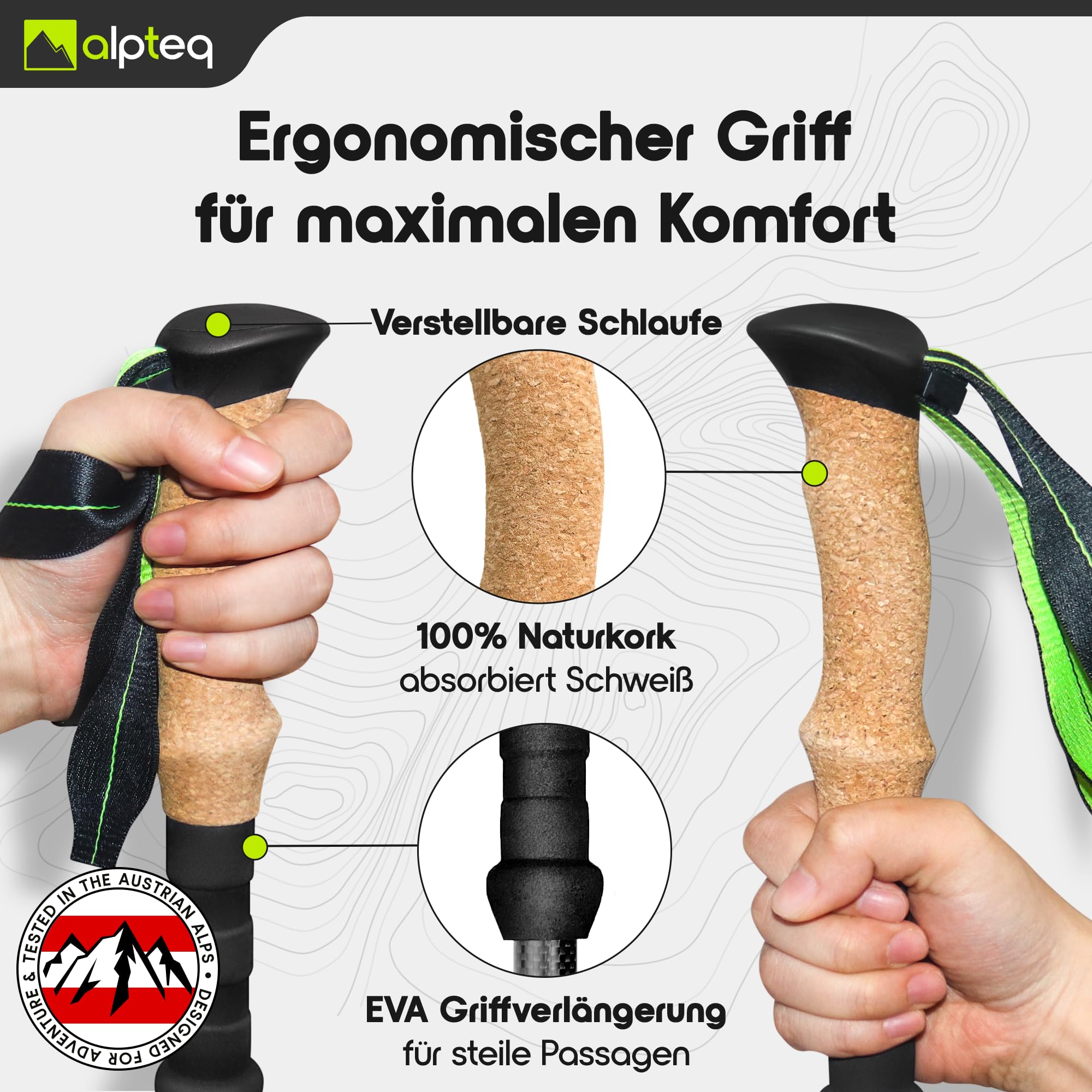 Alpteq® Wanderstöcke faltbar Carbon mit Korkgriff | Bergsport Trekkingstöcke | Nordic Walking Stöcke Damen & Herren | extra leicht und Teleskop variabel (Carbon 115-135 cm | Lime Green) 4