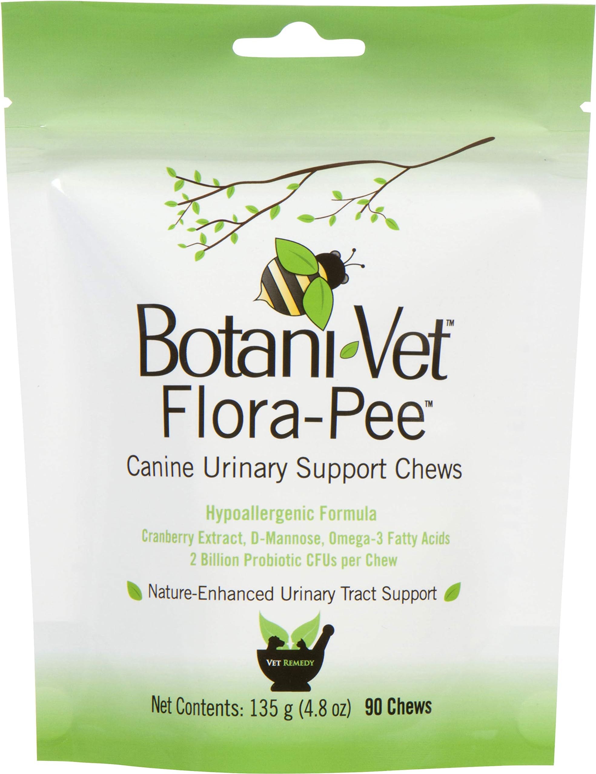 BotaniVet Flora-Pee Urinary Support Chews for Dogs Hypoallergenic - 90 Count - with Cranberry Extract, D-Mannose, Probiotics - Extra Strength, Value Pack - Omega-3s,