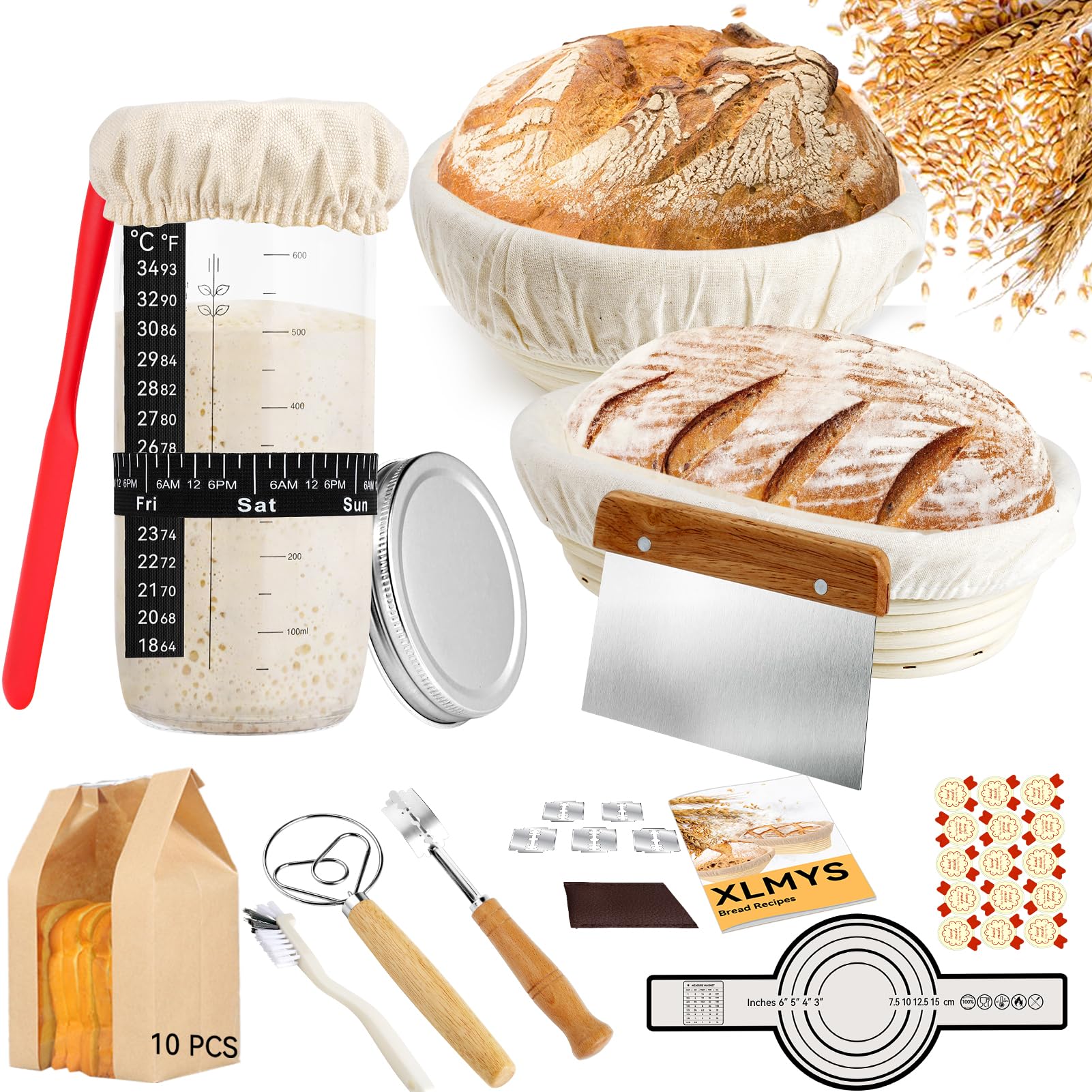 Photo 1 of Sourdough Starter Kit - Banneton Proofing Basket 9 Inch Round & 10 Oval, Complete Sourdough Bread Baking Supplies with Starter Jar, Bread Sling, Lame, Danish Dough Whisk, Bags